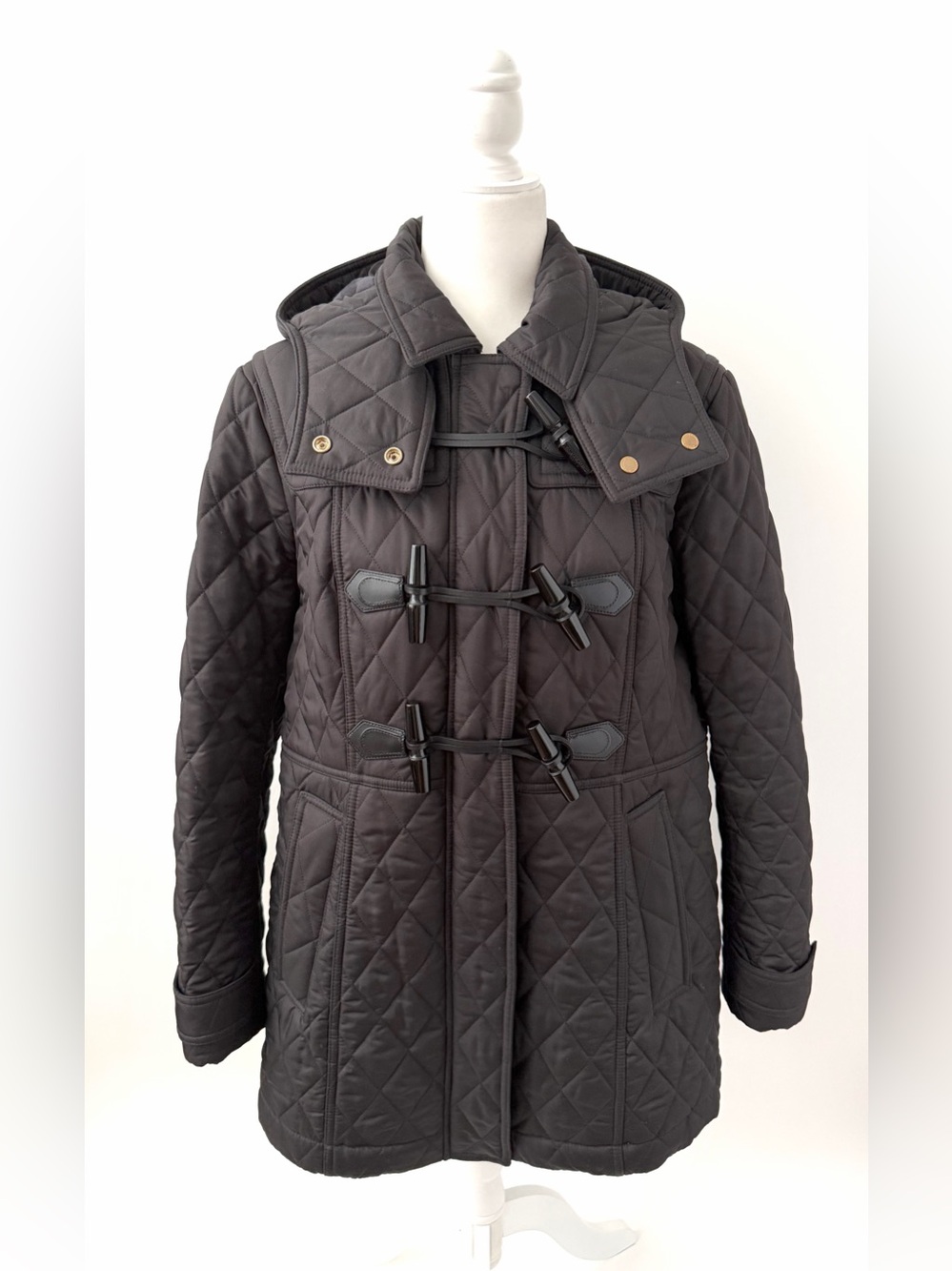 BURBERRY BRIT | Diamond Quilted Toggle Duffle Coat Black Removable Hood XL